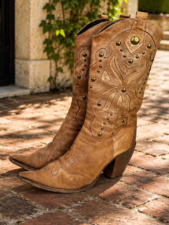 Shoes - MADE IN ITALY Distressed Western Suede Embellished Boots, 37